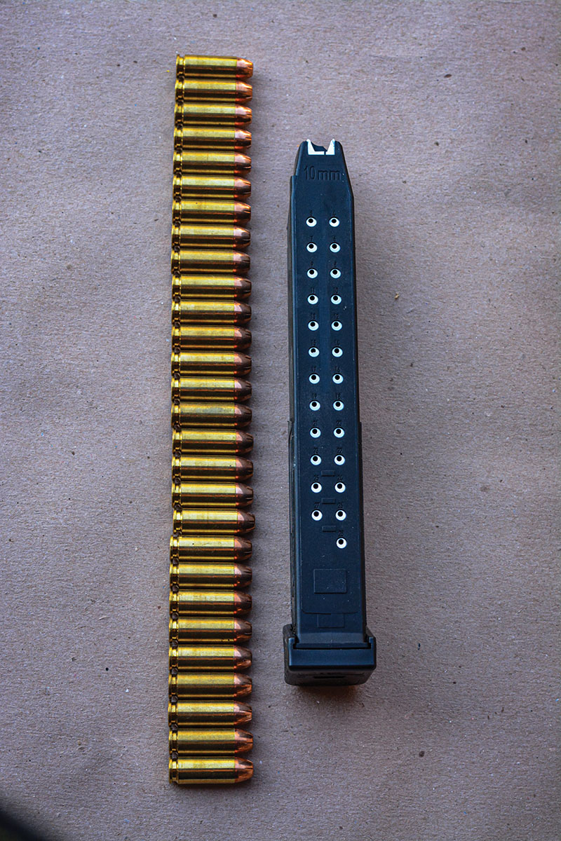 The LC Carbine readily accepts all full-size Glock 10mm Auto magazines, with a factory-supplied, 30-round magazine.